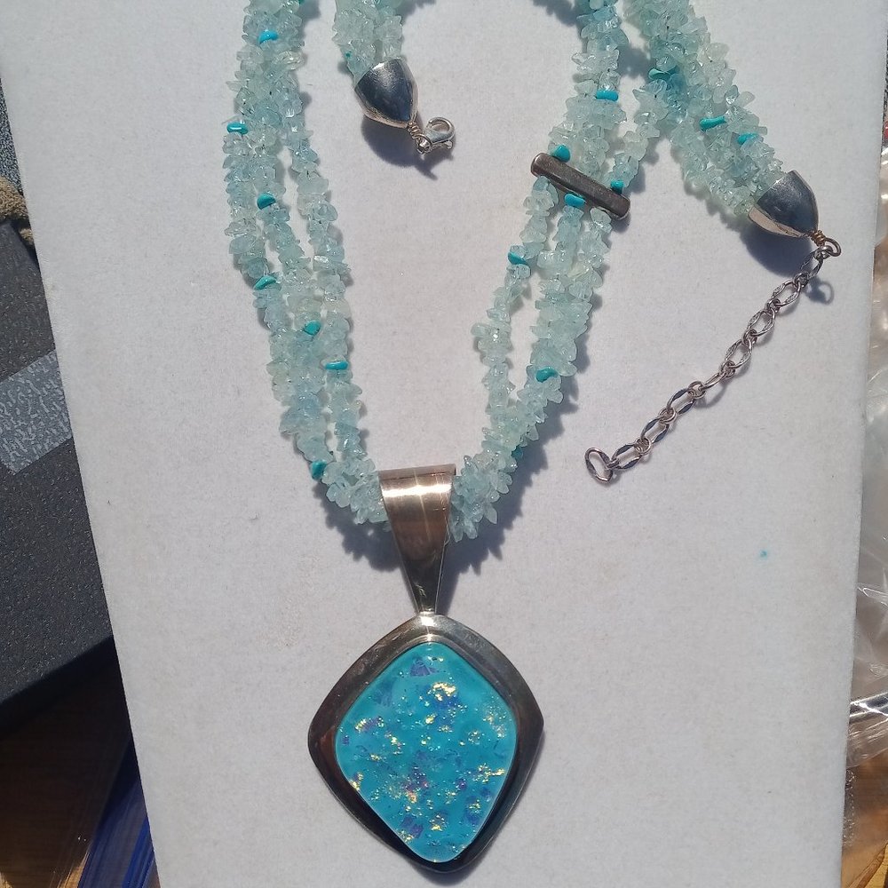 JAY KING DTR AQUAMARINE NECKLACE AND DICHROIC GLASS  PENDANT 925 STERLIN… - Picture 5 of 13